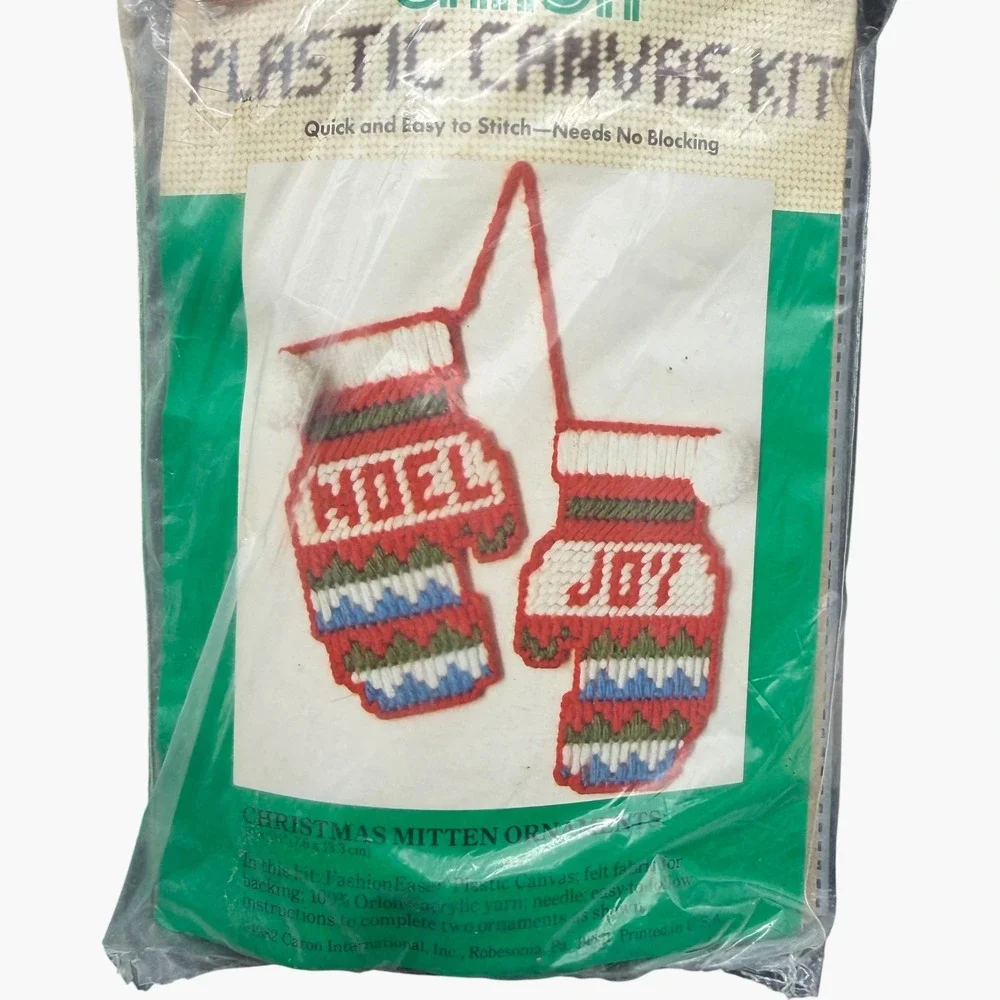 Vintage 1982 Caron Plastic Canvas Kit Lot 3 Christmas Boots Mitten Ornaments DIY